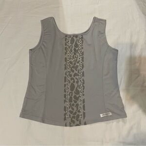 Grey tank top with leopard print and rhinestone details